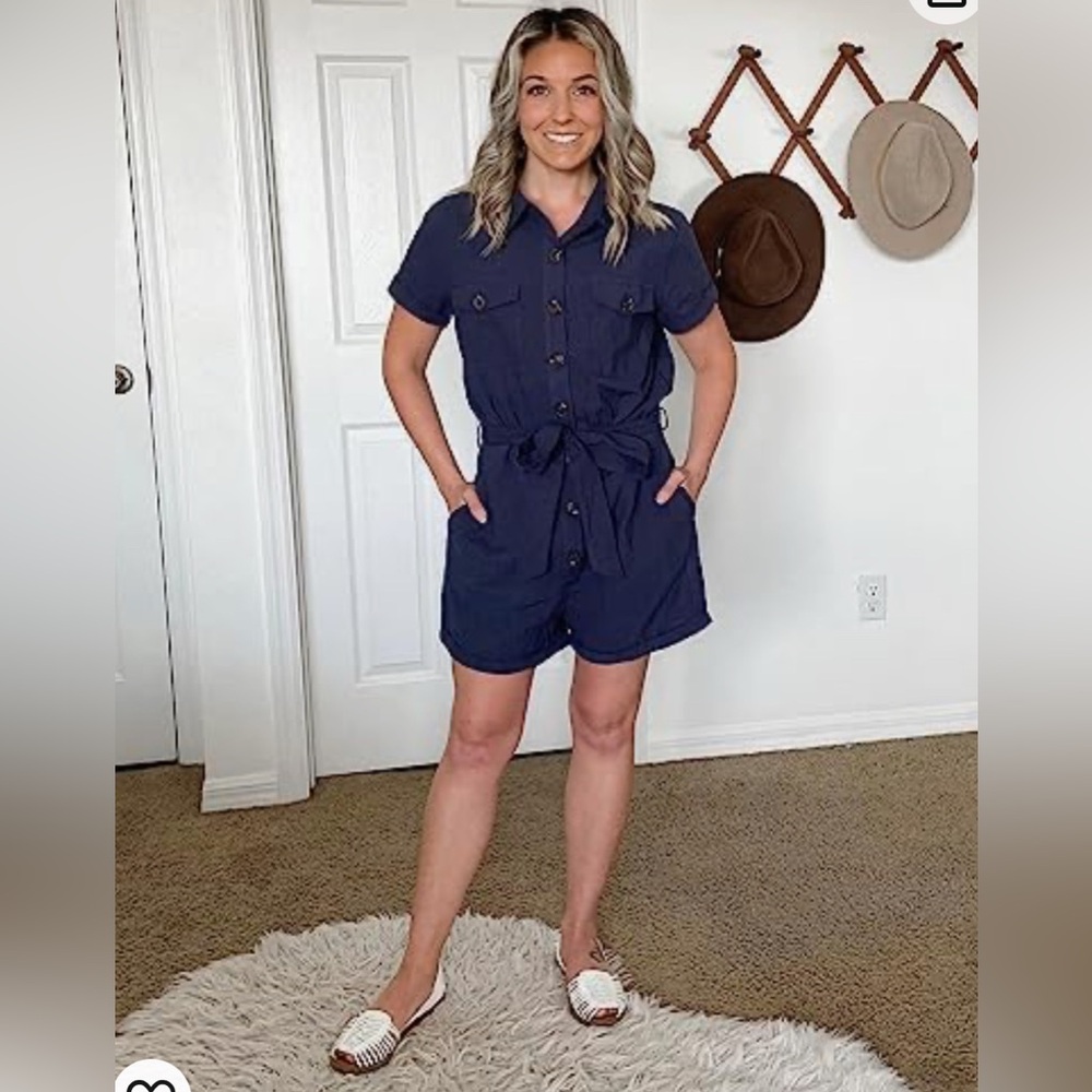 Women's Navy Blue Casual Short Sleeves Button Down Pocket Belted Jumpsuit